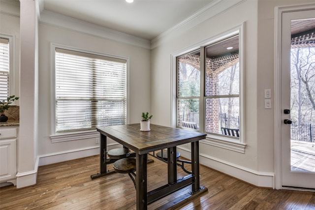 dining area with wood finished floors, a healthy amount of sunlight, and ornamental molding