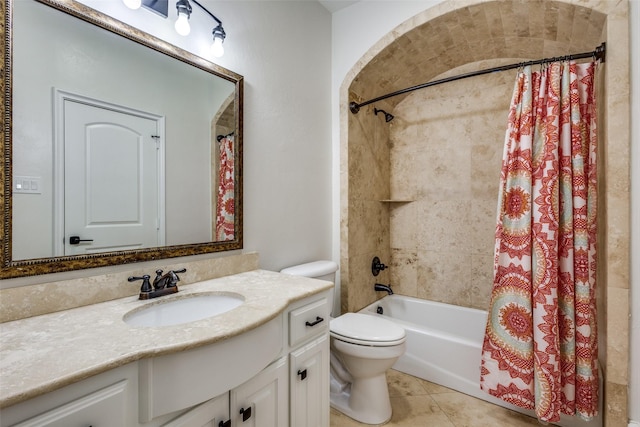 bathroom featuring tile patterned flooring, toilet, vanity, and shower / bath combination with curtain