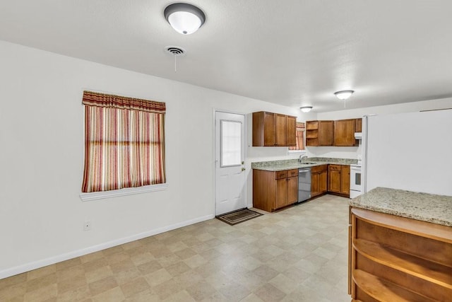 kitchen featuring visible vents, open shelves, white electric range, stainless steel dishwasher, and light floors