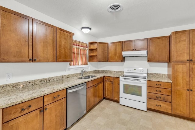 kitchen with visible vents, a sink, under cabinet range hood, dishwasher, and white electric range