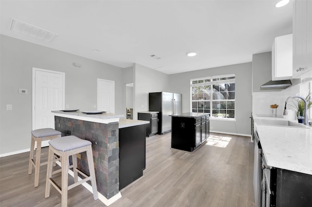 kitchen with a sink, dark cabinetry, a center island, freestanding refrigerator, and light wood-style floors