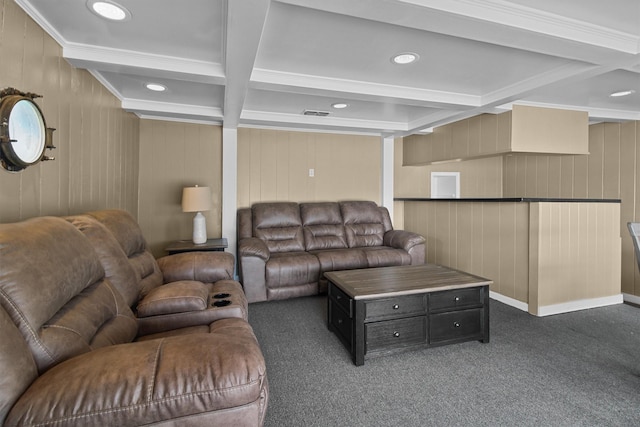 carpeted living area with beamed ceiling, recessed lighting, coffered ceiling, and visible vents