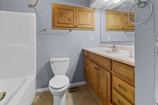 full bathroom featuring vanity, tile patterned floors, toilet, and baseboards