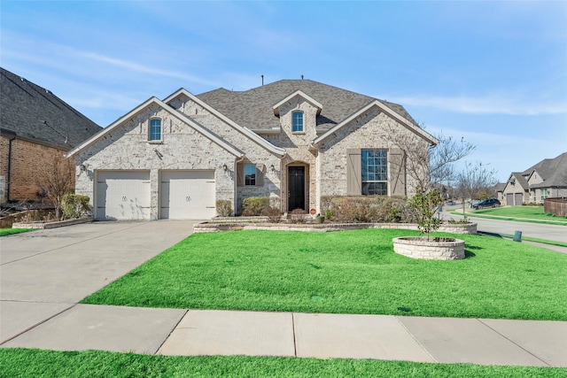 french country inspired facade with brick siding, driveway, a shingled roof, and a front lawn