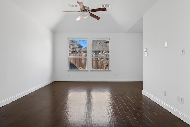 empty room with visible vents, baseboards, ceiling fan, and hardwood / wood-style flooring