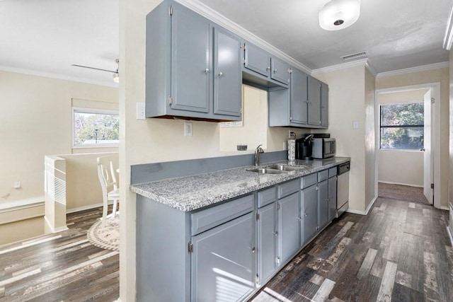 kitchen featuring ornamental molding, a sink, stainless steel appliances, and dark wood finished floors
