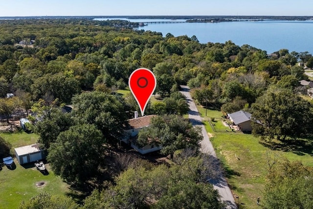 aerial view featuring a water view and a view of trees