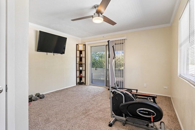 exercise room with ornamental molding, carpet, a healthy amount of sunlight, and ceiling fan