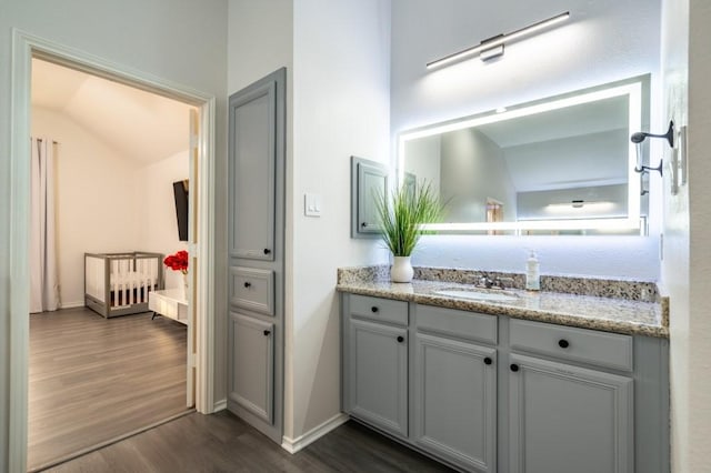 bathroom with baseboards, wood finished floors, and vanity