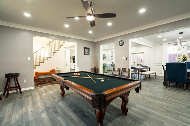 game room featuring pool table, crown molding, baseboards, recessed lighting, and wood finished floors