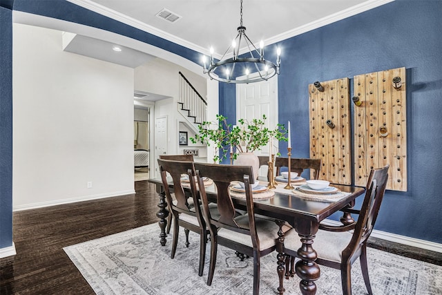 dining area with stairs, crown molding, baseboards, and visible vents