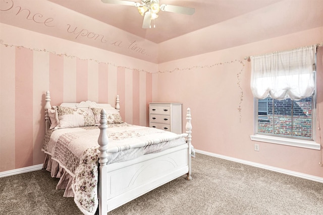 bedroom featuring carpet flooring, baseboards, and ceiling fan