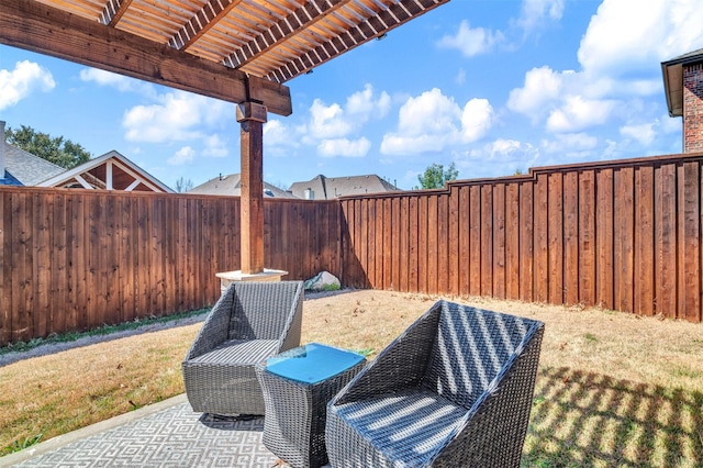 view of patio / terrace featuring a fenced backyard and a pergola