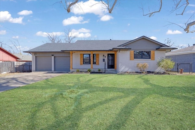 ranch-style house featuring a garage, concrete driveway, a front lawn, and fence