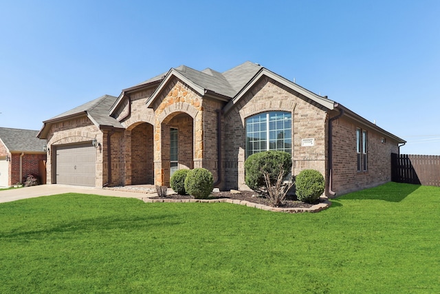 french country style house with brick siding, driveway, a front yard, and fence