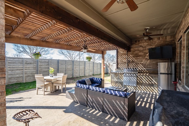 view of patio with ceiling fan, fence, an outdoor hangout area, outdoor dining area, and a pergola