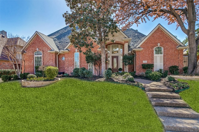 view of front of house with brick siding, a shingled roof, and a front yard