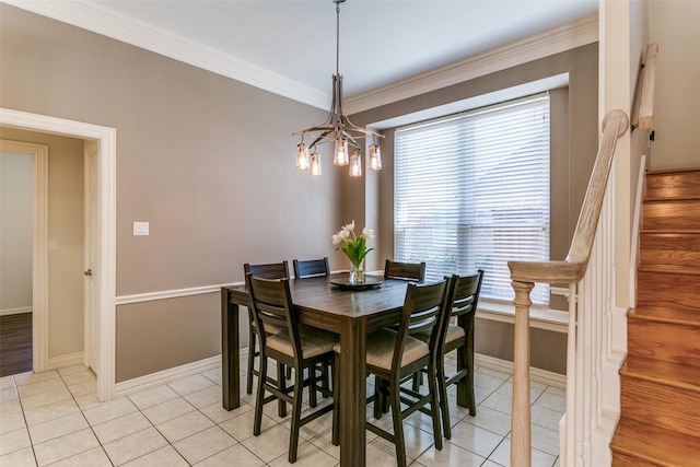 dining space with light tile patterned floors, stairway, baseboards, and crown molding