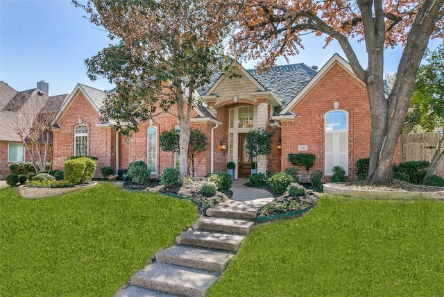 view of front facade featuring a front yard, brick siding, stone siding, and a shingled roof