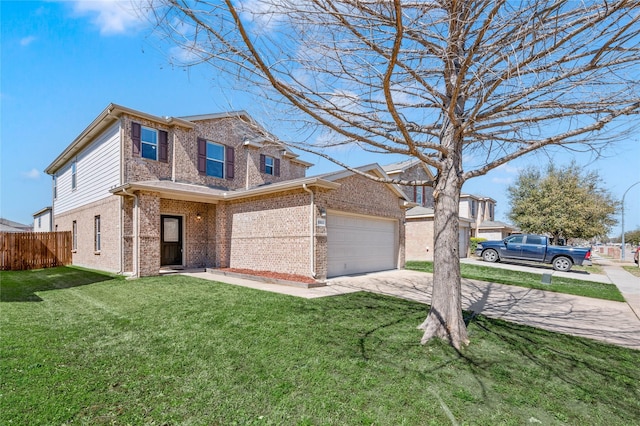 traditional-style house with brick siding, an attached garage, fence, a front yard, and driveway