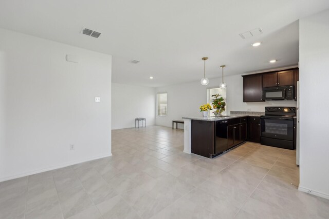 kitchen featuring visible vents, black appliances, open floor plan, dark brown cabinetry, and a peninsula