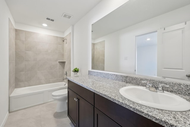 bathroom with visible vents, toilet, recessed lighting, shower / bath combination, and vanity