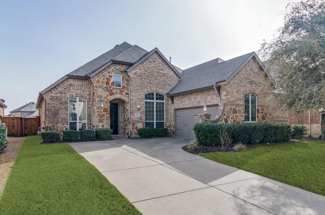 french country home with brick siding and a front yard