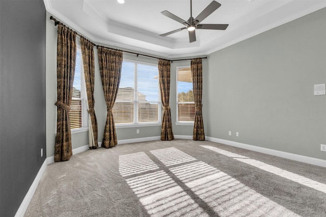 spare room with crown molding, a raised ceiling, baseboards, and carpet floors