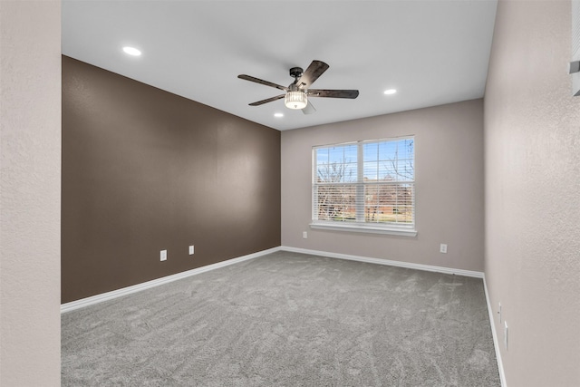 unfurnished room with recessed lighting, baseboards, carpet, and a ceiling fan