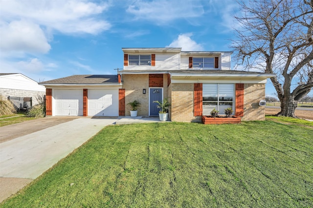 view of front of house with brick siding, an attached garage, concrete driveway, and a front yard