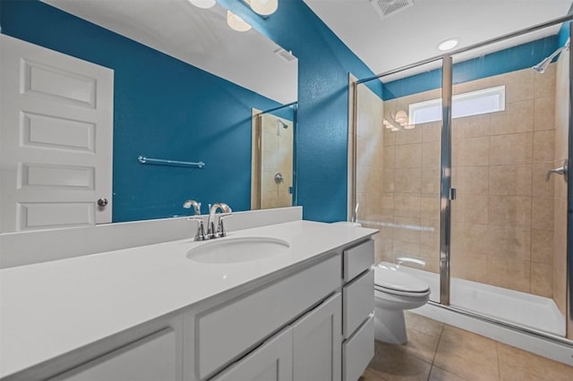 full bathroom with tile patterned floors, visible vents, toilet, a shower stall, and vanity