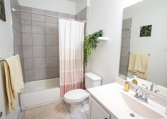 full bath with vanity, shower / bath combination with curtain, toilet, and tile patterned flooring