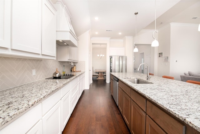 7409 Autumn Grove Ln, Ponder, TX 76259 - kitchen featuring a sink, appliances with stainless steel finishes, tasteful backsplash, dark wood-type flooring, and crown molding