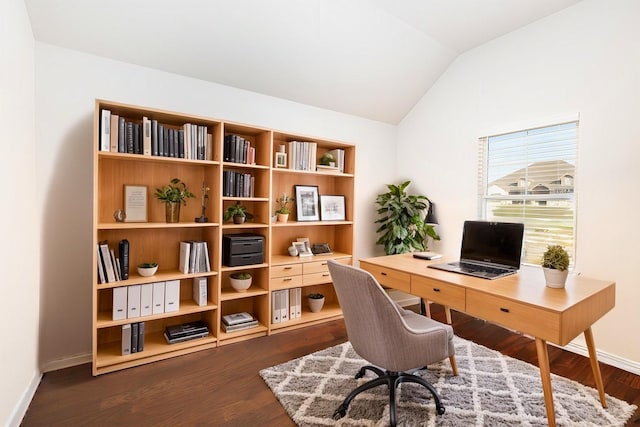 7409 Autumn Grove Ln, Ponder, TX 76259 - office space with lofted ceiling, dark wood finished floors, and baseboards