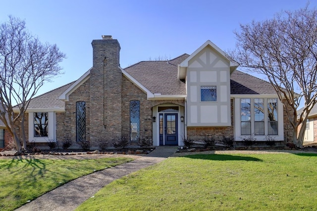 english style home featuring a front yard, brick siding, roof with shingles, and a chimney