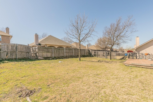 view of yard with a wooden deck and a fenced backyard