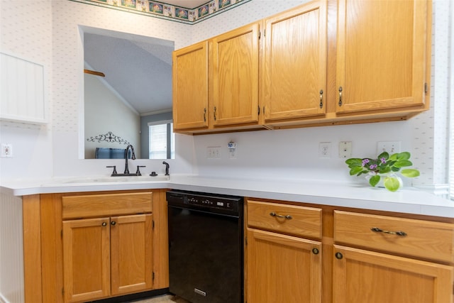 kitchen featuring wallpapered walls, dishwasher, light countertops, lofted ceiling, and a sink