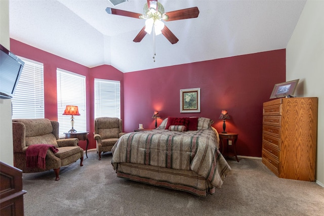 bedroom with a ceiling fan, baseboards, visible vents, lofted ceiling, and carpet flooring