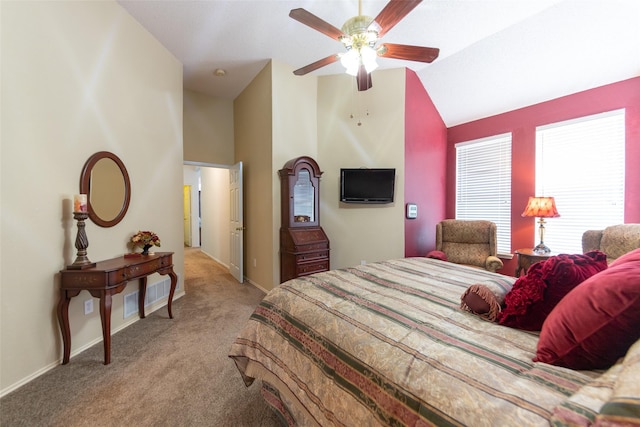 carpeted bedroom with high vaulted ceiling, a ceiling fan, and baseboards