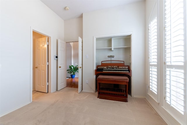 living area featuring baseboards and carpet floors