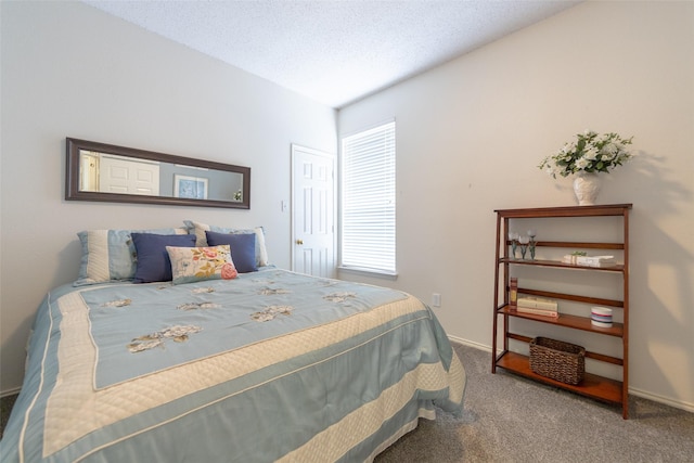 bedroom with baseboards, a textured ceiling, and carpet flooring