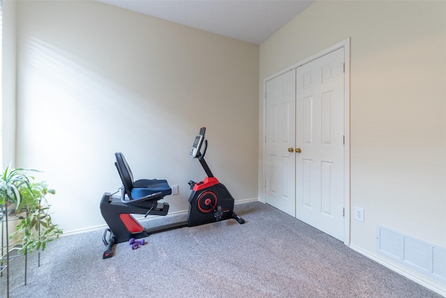 exercise area with visible vents and carpet floors