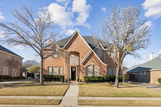 traditional-style home with a front lawn and brick siding