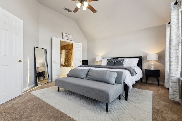 bedroom featuring baseboards, visible vents, carpet floors, high vaulted ceiling, and ceiling fan