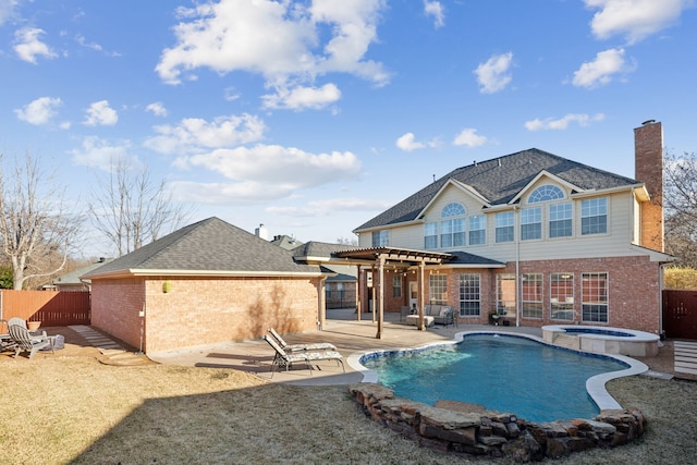 back of house with brick siding, a fenced backyard, a chimney, and a pergola