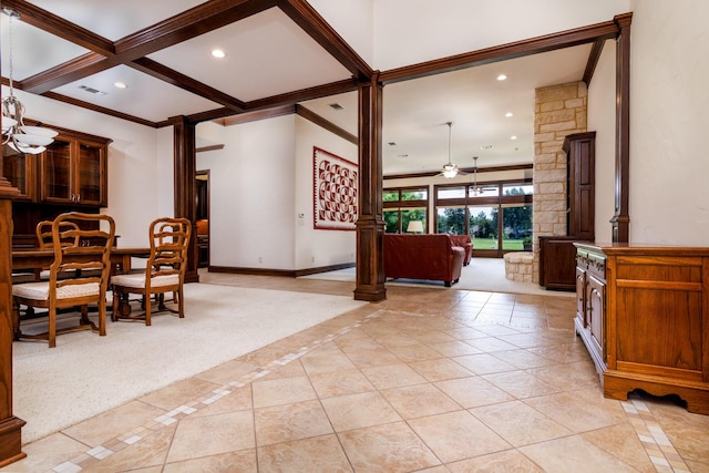 interior space with visible vents, ceiling fan with notable chandelier, recessed lighting, decorative columns, and baseboards