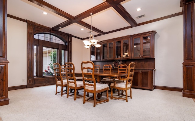 dining room featuring baseboards, visible vents, coffered ceiling, and light carpet