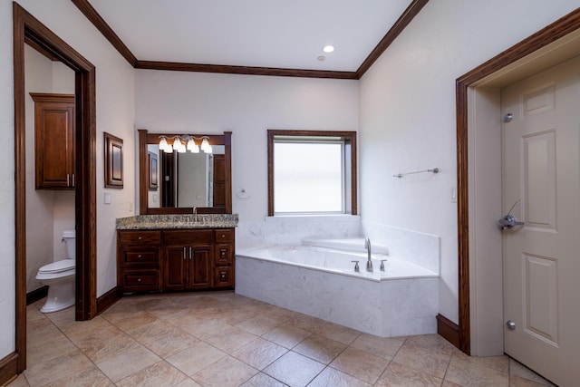 bathroom featuring vanity, toilet, a bath, and crown molding