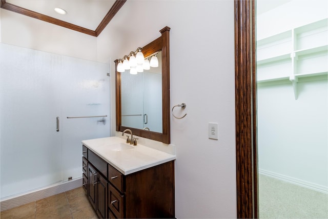 full bathroom featuring vanity, recessed lighting, baseboards, and ornamental molding