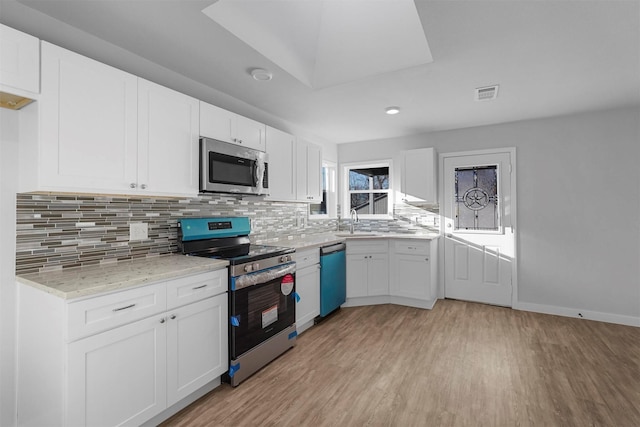 kitchen with visible vents, light wood-style flooring, a sink, appliances with stainless steel finishes, and decorative backsplash